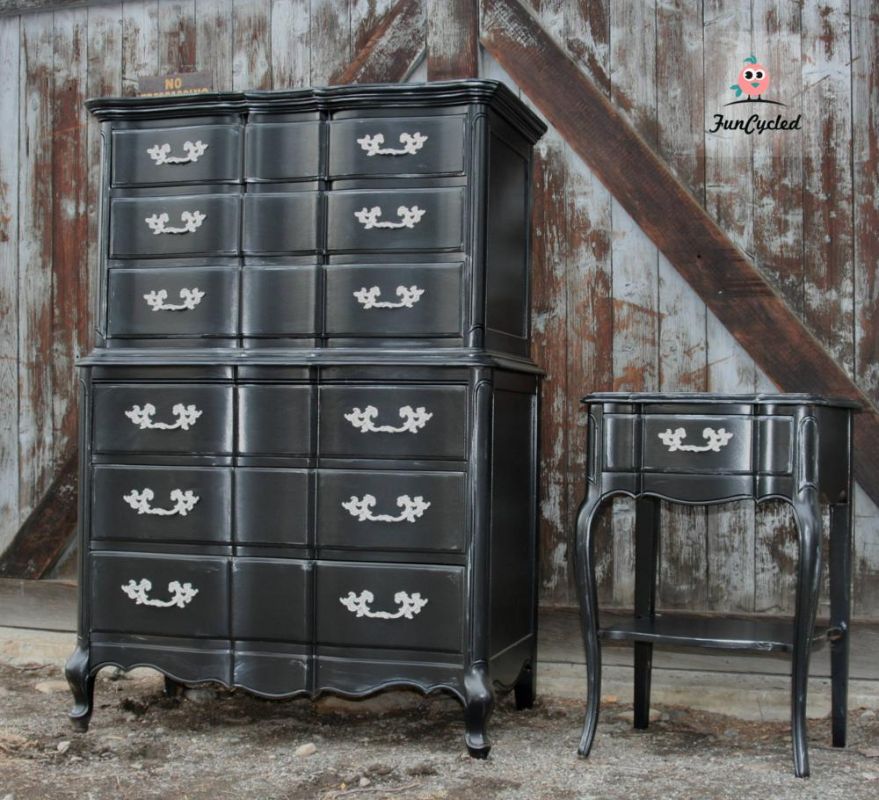 Black French Provincial High Boy Dresser Set For Sale