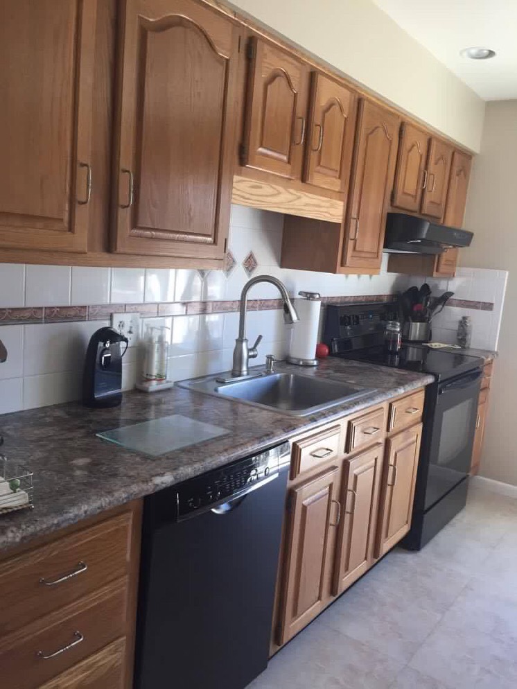 Gray Painted Oak Cabinets And Kitchen