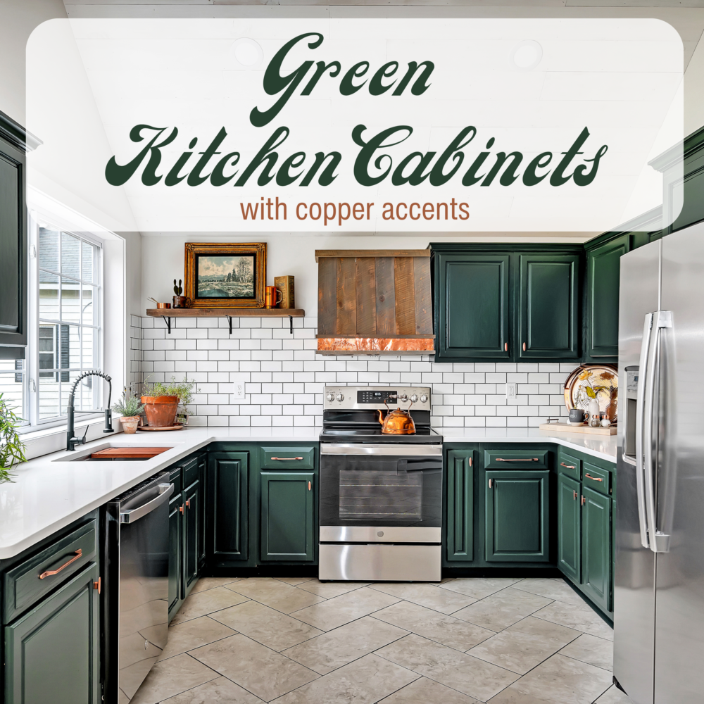 Dark Green Kitchen Cabinets with Copper and Brass Accents - FunCycled