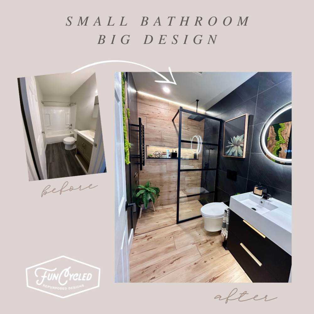 Black Bathroom Vanity with Wood floor tile