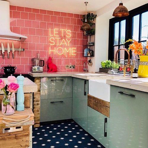 pink and green kitchen 